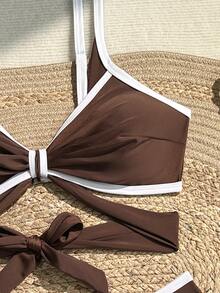 Swim SXY Plus Size Women Summer Beach Color Block Halter Tie Sexy Bikini And Triangle Bottom Two-Piece Swimsuit Set - Brown - View 9