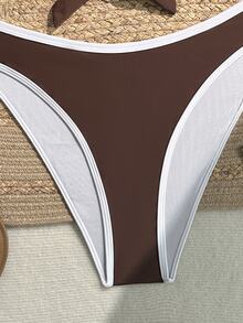 Swim SXY Plus Size Women Summer Beach Color Block Halter Tie Sexy Bikini And Triangle Bottom Two-Piece Swimsuit Set - Brown - View 7