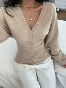 SHEIN Teen Girl Teen Girls Sweater, Button Design Casual Solid Color Fitted Waist Knit Cardigan, Autumn/Winter Open Front Casual Daily Wear - Apricot - View 5