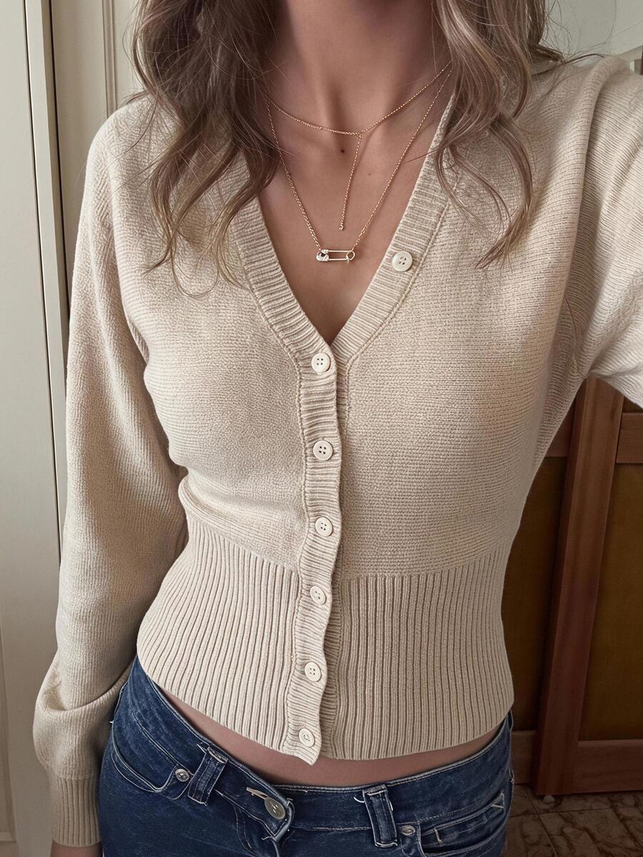SHEIN Teen Girl Teen Girls Sweater, Button Design Casual Solid Color Fitted Waist Knit Cardigan, Autumn/Winter Open Front Casual Daily Wear - Apricot - View 1