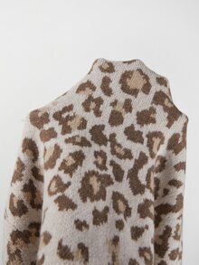SHEIN Women Quarter Zip Collared Leopard Print Knit Sweater, Long Sleeve Drop Shoulder Loose Fit Knit Pull - Multicolor - View 5