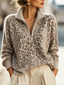 SHEIN Women Quarter Zip Collared Leopard Print Knit Sweater, Long Sleeve Drop Shoulder Loose Fit Knit Pull - Multicolor - View 7
