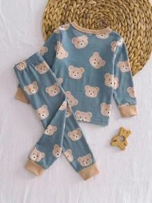 Baby Boy Snug Fit Pajama Cartoon Animal Pattern Knitted Soft Crew Neck Long Sleeve Pullover Top Elastic Waist Long Pants Tight 2 Pieces Set - Baby Blue - View 2