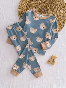 Baby Boy Snug Fit Pajama Cartoon Animal Pattern Knitted Soft Crew Neck Long Sleeve Pullover Top Elastic Waist Long Pants Tight 2 Pieces Set - Baby Blue - View 3