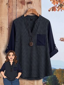Rusticease Plus Size Colorblock Button Pocket Notched V Neck Long Sleeve Blouse Elegant Office Fall Winter 2026 - Multicolor - View 10