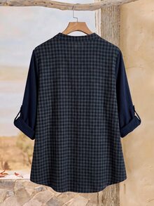 Rusticease Plus Size Colorblock Button Pocket Notched V Neck Long Sleeve Blouse Elegant Office Fall Winter 2026 - Multicolor - View 2