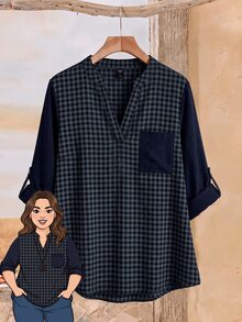 Rusticease Plus Size Colorblock Button Pocket Notched V Neck Long Sleeve Blouse Elegant Office Fall Winter 2026 - Multicolor - View 1