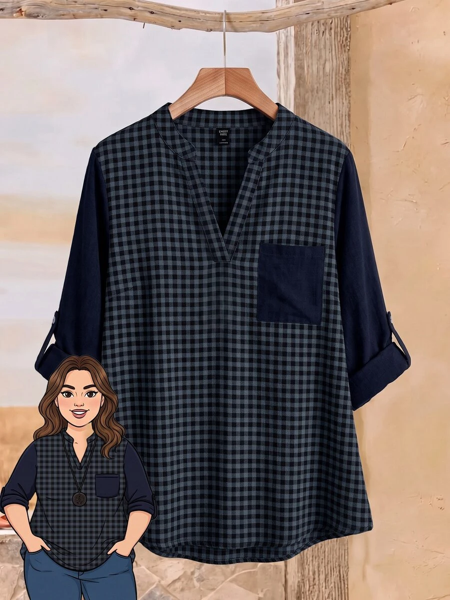 Rusticease Plus Size Colorblock Button Pocket Notched V Neck Long Sleeve Blouse Elegant Office Fall Winter 2026 - Multicolor - View 1
