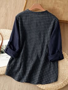 Rusticease Plus Size Colorblock Button Pocket Notched V Neck Long Sleeve Blouse Elegant Office Fall Winter 2026 - Multicolor - View 11