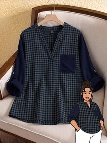 Rusticease Plus Size Colorblock Button Pocket Notched V Neck Long Sleeve Blouse Elegant Office Fall Winter 2026 - Multicolor - View 3