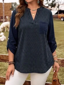 Rusticease Plus Size Colorblock Button Pocket Notched V Neck Long Sleeve Blouse Elegant Office Fall Winter 2026 - Multicolor - View 8