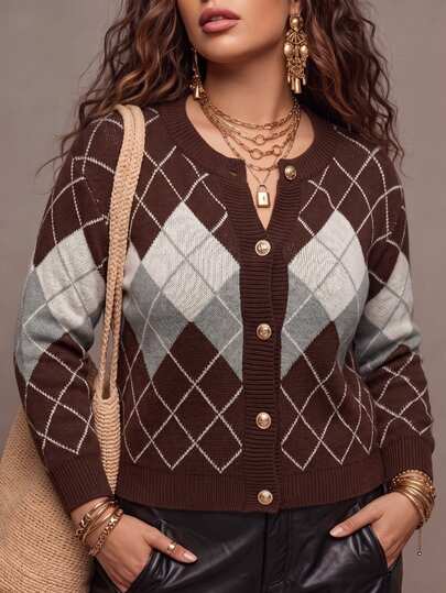 Easura Plus Size Women's Autumn/Winter Cardigan, Versatile Diamond Color-Block Plaid, Fashion Casual, Suitable For Daily Wear, Casual Occasions