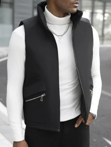Manfinity CasualCool Men's Solid Color Zipper Front Casual Winter Vest Jacket - Black - View 5