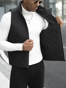 Manfinity CasualCool Men's Solid Color Zipper Front Casual Winter Vest Jacket - Black - View 6
