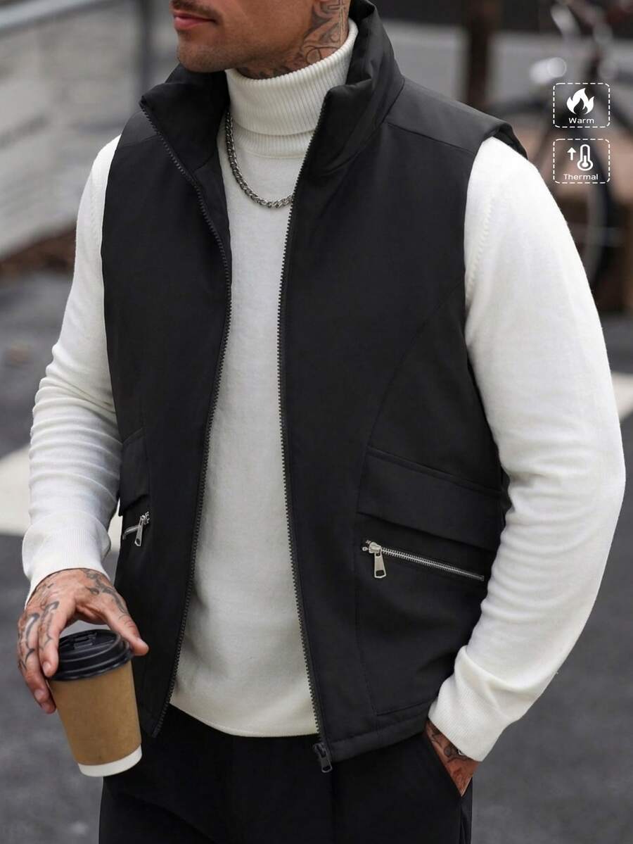 Manfinity CasualCool Men's Solid Color Zipper Front Casual Winter Vest Jacket - Black - View 1