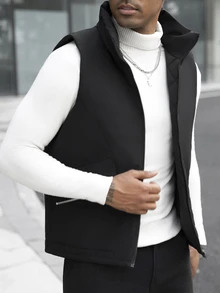 Manfinity CasualCool Men's Solid Color Zipper Front Casual Winter Vest Jacket - Black - View 4