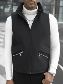 Manfinity CasualCool Men's Solid Color Zipper Front Casual Winter Vest Jacket - Black - View 3
