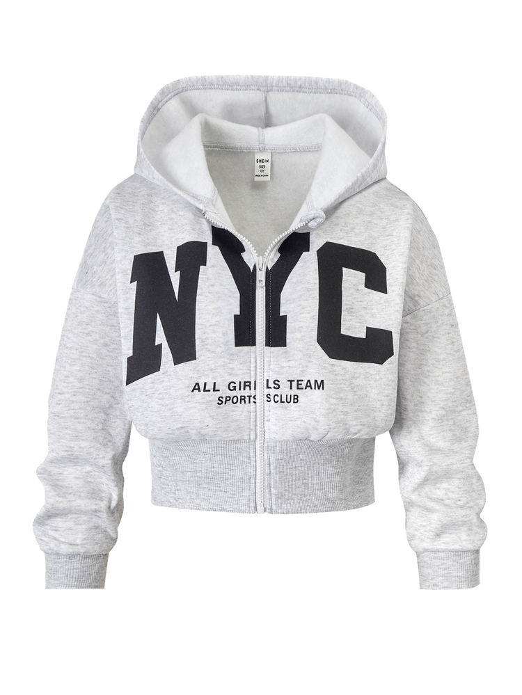 SHEIN Tween Girls Hoodie 2 Pieces Set Zipper 80s Casual Cute Loose Knit Vintage Fall Clothes Letter Grey Outfit Student Jogging Light Grey Off Campus Gray - Grey - View 8