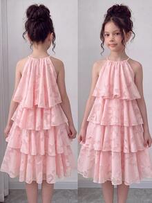 Tween Girl Casual Vacation Kids 3D Floral Textured Fabric Halter Neck A-Line Cute Dress For Tween Girl - Pink - View 7