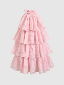 Tween Girl Casual Vacation Kids 3D Floral Textured Fabric Halter Neck A-Line Cute Dress For Tween Girl - Pink - View 13