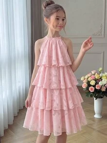 Tween Girl Casual Vacation Kids 3D Floral Textured Fabric Halter Neck A-Line Cute Dress For Tween Girl - Pink - View 9