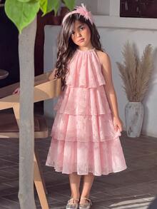 Tween Girl Casual Vacation Kids 3D Floral Textured Fabric Halter Neck A-Line Cute Dress For Tween Girl - Pink - View 12