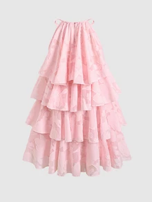 Tween Girl Casual Vacation Kids 3D Floral Textured Fabric Halter Neck A-Line Cute Dress For Tween Girl - Pink - View 6