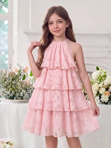 Tween Girl Casual Vacation Kids 3D Floral Textured Fabric Halter Neck A-Line Cute Dress For Tween Girl - Pink - View 8
