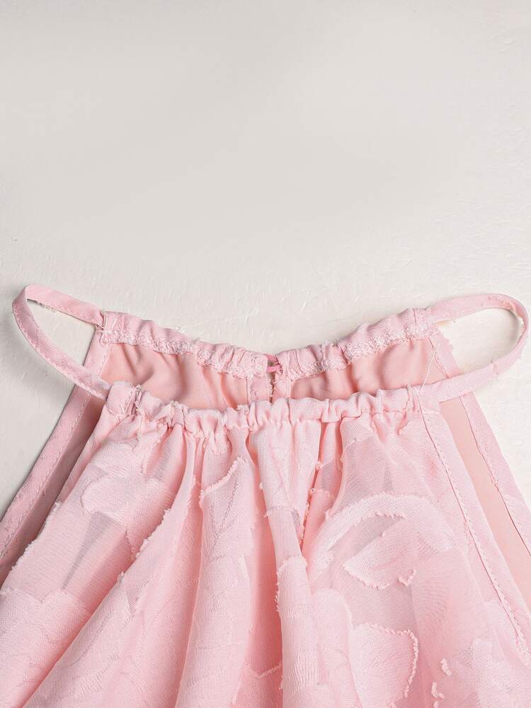 Tween Girl Casual Vacation Kids 3D Floral Textured Fabric Halter Neck A-Line Cute Dress For Tween Girl - Pink - View 5