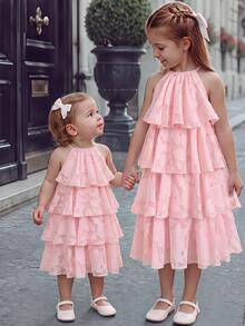 Tween Girl Casual Vacation Kids 3D Floral Textured Fabric Halter Neck A-Line Cute Dress For Tween Girl - Pink - View 11