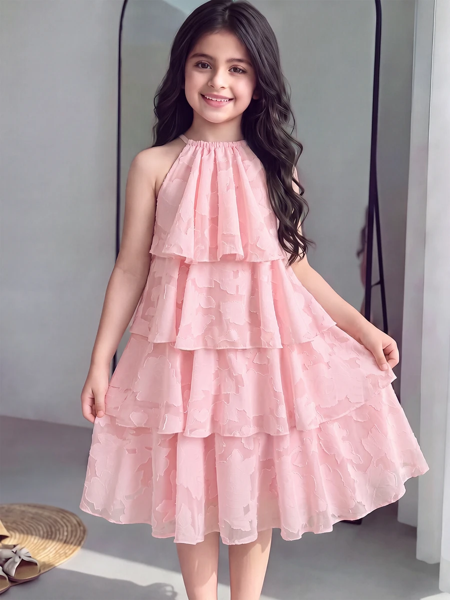 Tween Girl Casual Vacation Kids 3D Floral Textured Fabric Halter Neck A-Line Cute Dress For Tween Girl - Pink - View 1