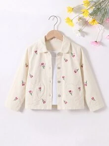 SHEIN 女童牛仔夾克外套，春秋新款，田園童趣休閒風，杏色，經典牛仔領搭配粉色鬱金香花朵刺繡，兩側心形口袋，修身寬鬆版型，柔軟親膚面料，百搭時尚日常穿搭，適合上學、出遊、聚會等多種場合，女童春秋新款 - 杏色 - 查看 4