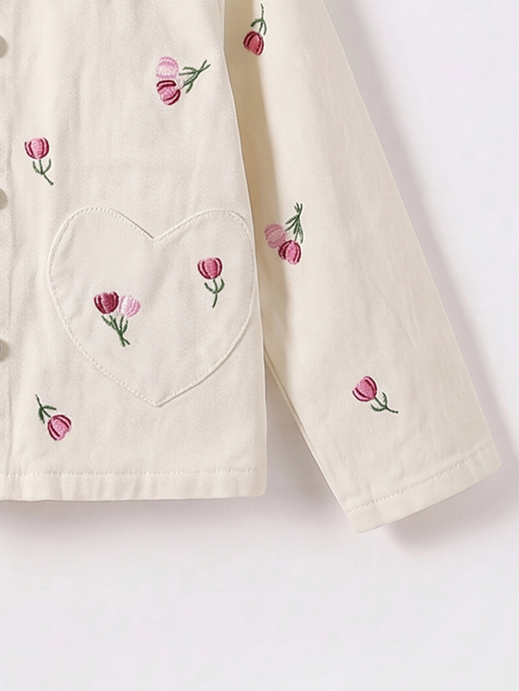 SHEIN Girls' Denim Jacket And Coat, Spring/Autumn New Arrival, Pastoral Childlike Casual Style, Apricot Color, Classic Denim Collar With Pink Tulip Flower Embroidery, Heart-Shaped Pockets On Both Sides, Fitted Loose Fit, Soft Skin-Friendly Fabric, Versatile Fashion Style For Daily Wear, Suitable For School, Outings, Gatherings And More, Spring/Autumn New Arrival For Girls - Apricot - View 8