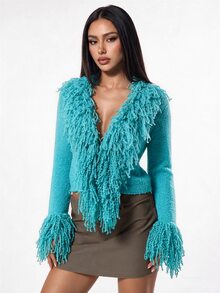 Sweetina Women's Solid Color Casual Versatile Daily Wear Cardigan - Teal Blue - View 4