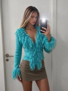 Sweetina Women's Solid Color Casual Versatile Daily Wear Cardigan - Teal Blue - View 1