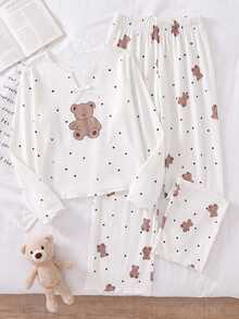 SHEIN Tween Girls Cherry Pattern Kids V-Neck Long Sleeve Top & Pants Pajama Set Tween Girl - White - View 8