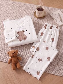 SHEIN Tween Girls Cherry Pattern Kids V-Neck Long Sleeve Top & Pants Pajama Set Tween Girl - White - View 2