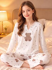 SHEIN Tween Girls Cherry Pattern Kids V-Neck Long Sleeve Top & Pants Pajama Set Tween Girl - White - View 9