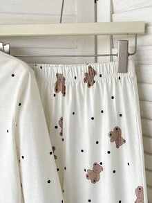 SHEIN Tween Girls Cherry Pattern Kids V-Neck Long Sleeve Top & Pants Pajama Set Tween Girl - White - View 12