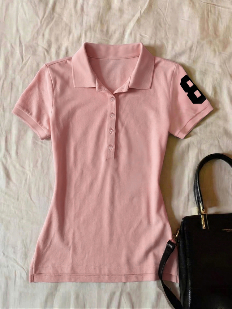 IslaSuriya Women's Fashion Color Block Button Front Short Sleeve T-Shirt Jersey - Pink - View 3