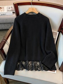 GlowEve CURVE Plus Size Black Waffle Knit Pullover Sweater, Round Neck, Shoulder Button Design, Lace 2 In 1 Patchwork, Loose Fit Top, Autumn/Winter - Black - View 3