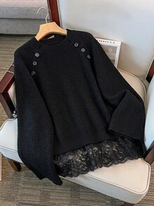 GlowEve CURVE Plus Size Black Waffle Knit Pullover Sweater, Round Neck, Shoulder Button Design, Lace 2 In 1 Patchwork, Loose Fit Top, Autumn/Winter - Black - View 2