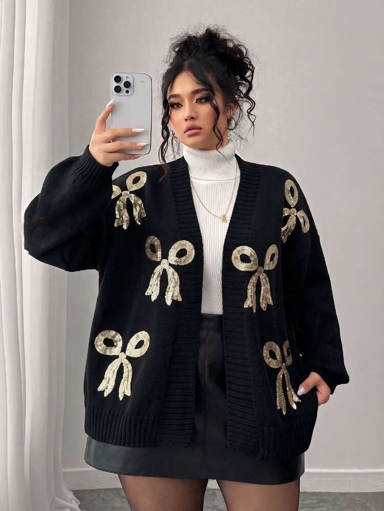 Elenzga Plus Size Women's Autumn/Winter Black Cardigan Long Sleeve Jacket With Bow And Sequin, Versatile For Daily Wear, Casual Occasions Christmas - Black - View 6