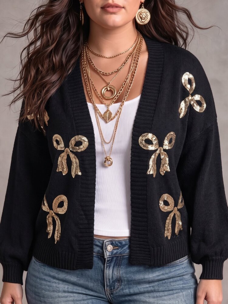 Elenzga Plus Size Women's Autumn/Winter Black Cardigan Long Sleeve Jacket With Bow And Sequin, Versatile For Daily Wear, Casual Occasions Christmas - Black - View 3