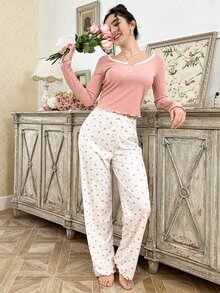 CottageSlumber Crown Print Contrast Color Lace Trim Button-Up Collar Long Sleeve Sleepwear Top And Long Pants Set For Holiday Season, Fall Winter Clothes - Multicolor - View 5