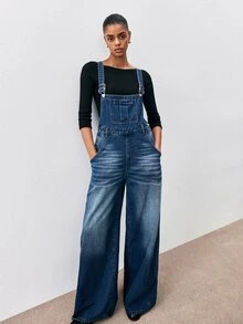 ATUI Studio 秋冬優雅休閒商務百搭萬聖節外出女款寬鬆寬腿休閒街頭風多功能淺藍色牛仔連身褲附口袋 - 中等水洗藍 - 查看 5