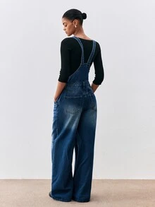 ATUI Studio 秋冬優雅休閒商務百搭萬聖節外出女款寬鬆寬腿休閒街頭風多功能淺藍色牛仔連身褲附口袋 - 中等水洗藍 - 查看 2