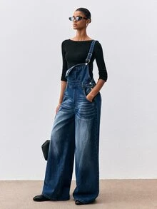 ATUI Studio 秋冬優雅休閒商務百搭萬聖節外出女款寬鬆寬腿休閒街頭風多功能淺藍色牛仔連身褲附口袋 - 中等水洗藍 - 查看 6