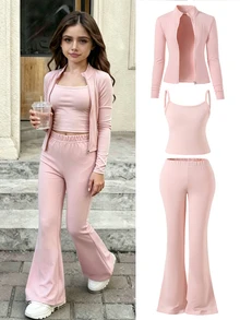 SHEIN 少女秋季套裝 3件組 女孩紅色波點立領夾克 + 吊帶背心 + 喇叭褲，時尚運動風 80年代可愛酷女孩，校園運動 - 粉色 - 查看 2