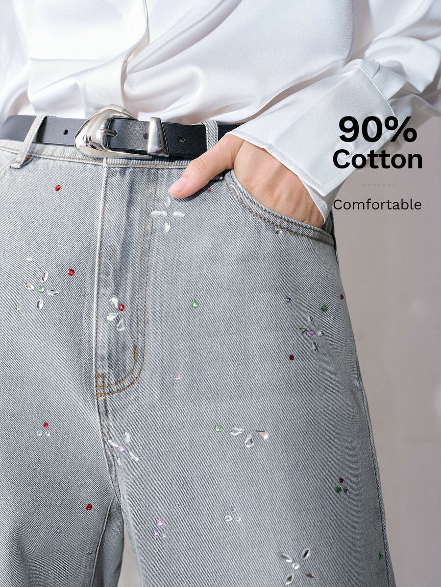 MOTF PREMIUM WOMEN'S RHINESTONE EMBELLISHED SLANTED POCKET DENIM JEANS EVERYDAY DATE NIGHT LIGHT BLUE CUTE CASUAL - Blue - View 1